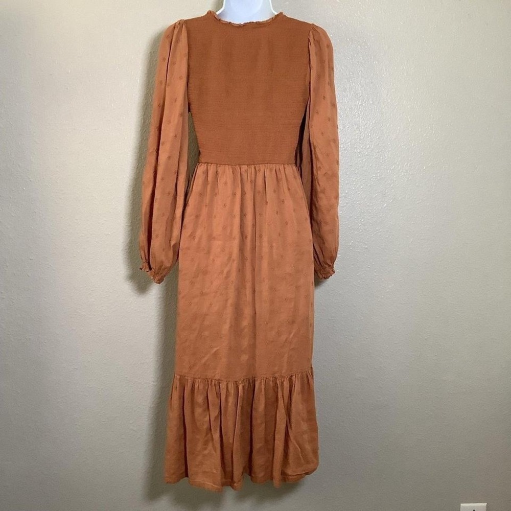 Orange Boho Chic Cottagecore Feminine Smocked Peasant Prairie Midi Dress S - Picture 6 of 6